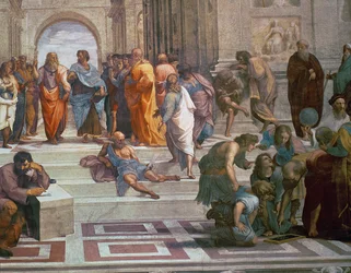 De School van Athene, detail van de rechterkant met Diogenes op de trappen en Euclides (detail)